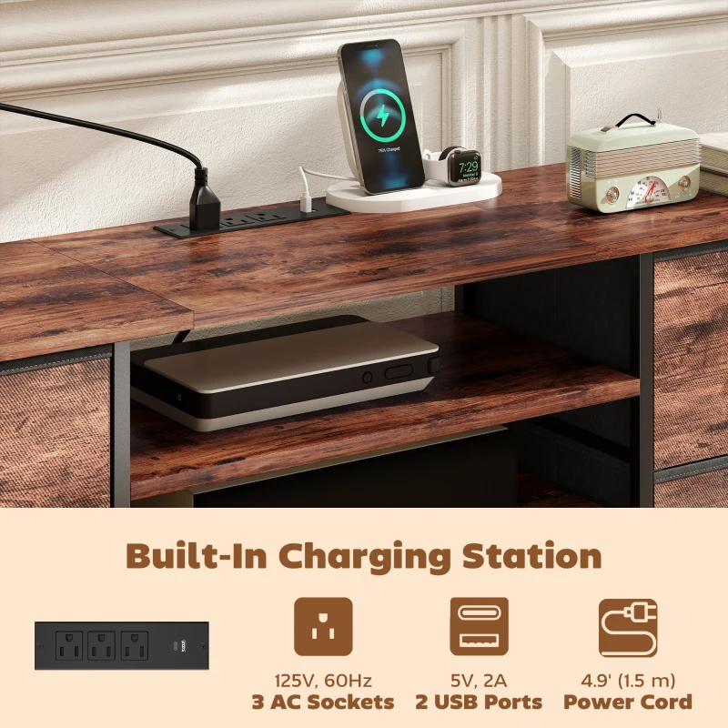 HOMCOM TV Stand for TVs up to 65 Inch, Industrial TV Console with Charging Station, 5 Drawers and Open Shelves, Rustic Brown