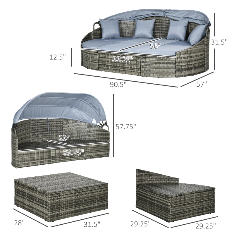 Outsunny Convertible Rattan Daybed Sectional, Light Grey