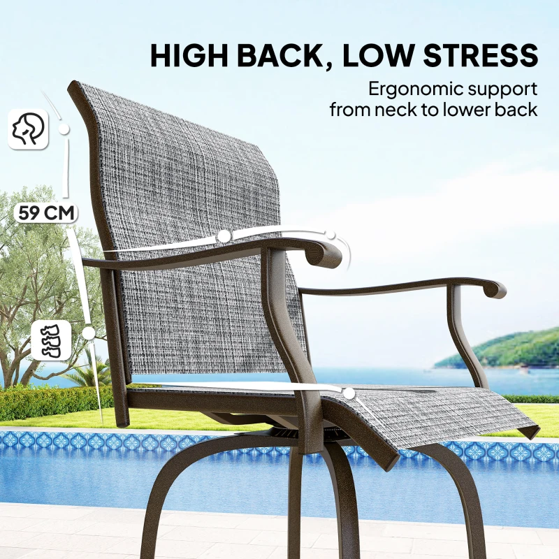 Outsunny Outdoor Bar Stools Set of 2, Swivel Bar Height Chairs with High Back, Curved Armrests and Steel Frame, Mixed Grey