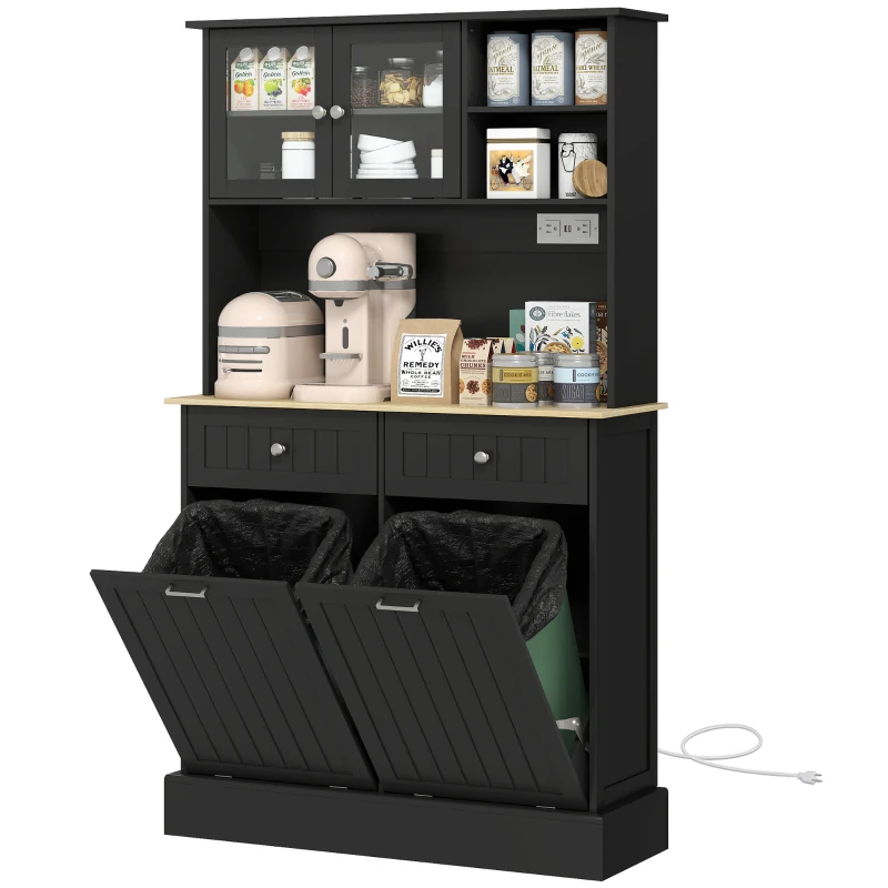 HOMCOM Kitchen Cabinet with Charging Station, 2 Tilt Out Cabinets, Microwave Stand, Freestanding Kitchen Pantry Cabinet, Black