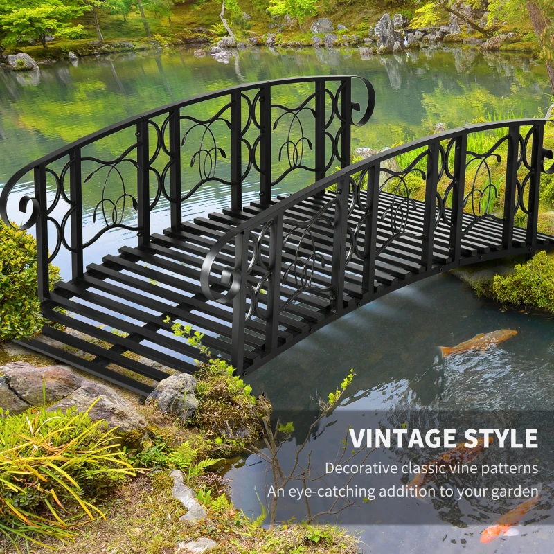 Outsunny 6' Metal Arch Backyard Garden Bridge with 660 lbs. Weight Capacity, Safety Siderails, Vine Motifs, Easy Assembly, Black