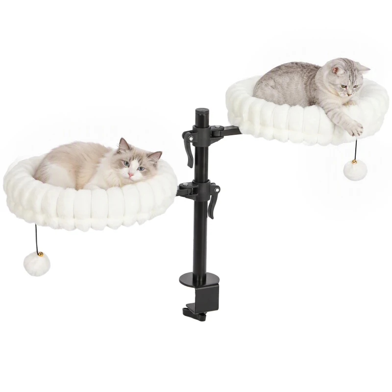 PawHut Cat Desk Bed for Indoor, Cat Hammock with 2 Removable Beds, 2 Hanging Balls for Desk, Windows, Holds Up to 24 lbs, White