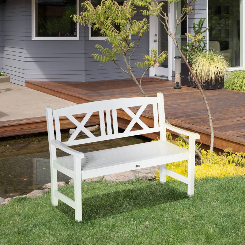 Outsunny 2-Seater Wooden Garden Bench, 4FT Outdoor Patio Loveseat with Unique X-Shape Back for Yard, Lawn, Porch, White