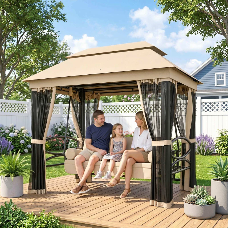 Outsunny 3-Seat Patio Swing Chair, Outdoor Gazebo Swing with Double Tier Canopy, Mesh Sidewalls, Cushioned Seat and Pillows, Beige