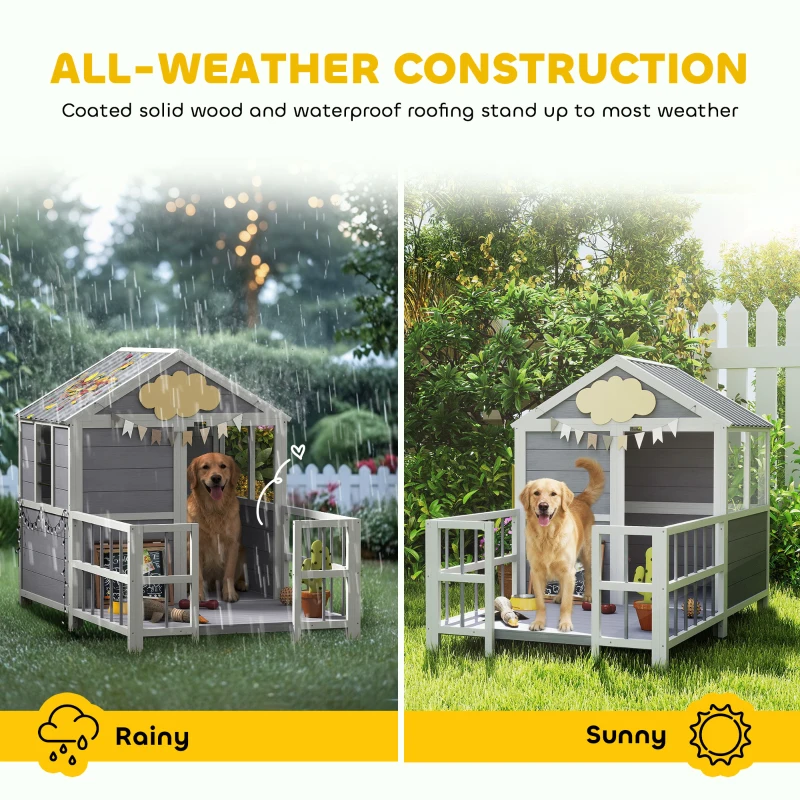 PawHut Outdoor Dog House, 61"L Wooden Dog House with Porch, Weatherproof Roof, Elevated Base, Air Vents & Observation Windows