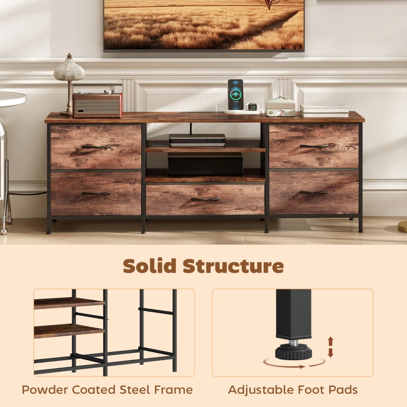 HOMCOM TV Stand for TVs up to 65 Inch, Industrial TV Console with Charging Station, 5 Drawers and Open Shelves, Rustic Brown