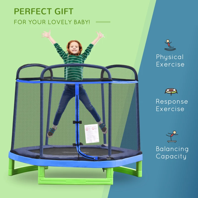 Outsunny 7FT Heavy-Duty Trampoline for Kids Outdoor Toys, Small Backyard 7' Trampoline with Net, Exercise Toy for Kids 3-12, Blue