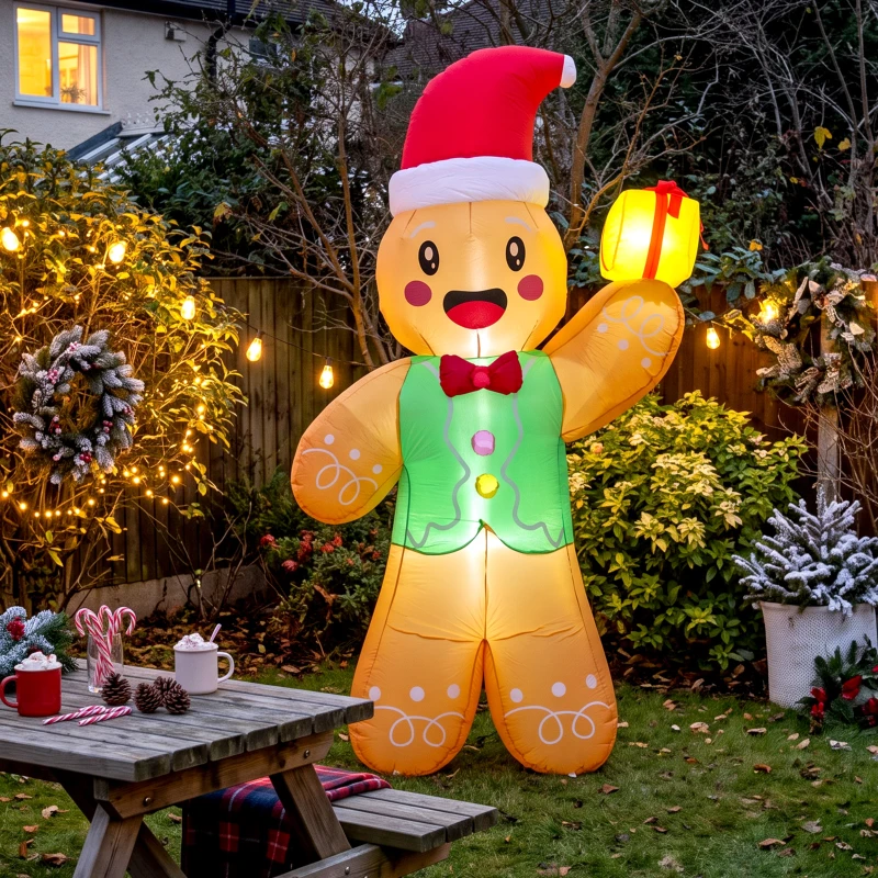 Outsunny Outdoor Blow-Up Christmas Decorations, 8.2ft Christmas Inflatable Gingerbread Man with a Gift Box, Light Brown