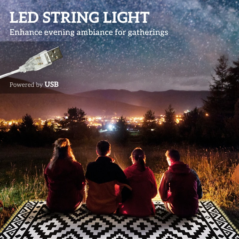 Outsunny Outdoor Rug Carpet Reversible Plastic Straw Rug with LED Lights Black and White 12' x 9' for Patio