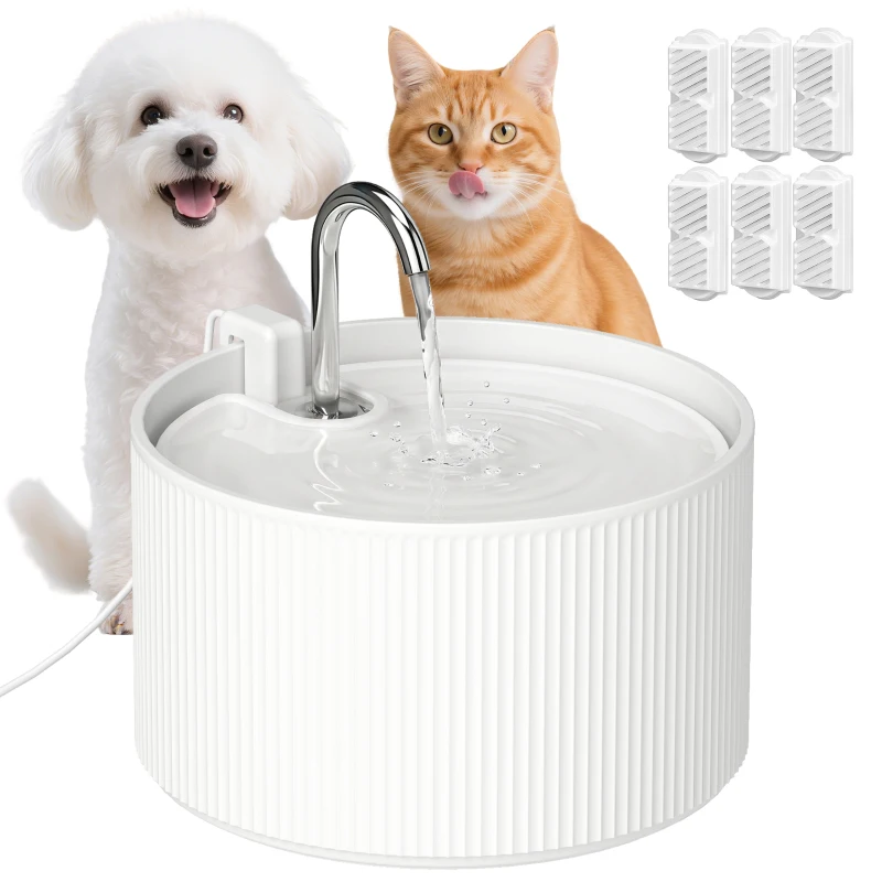 PawHut Ceramic Cat Water Fountain, 2.2L/74oz Pet Water Fountain with Ultra-Quiet Pump, 4-Layer Filtration, Faucet, White