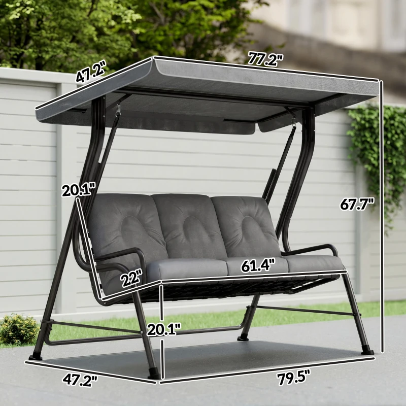 Outsunny 3-Seat Patio Swing Chair, Outdoor Swing Glider with Adjustable Canopy, Removable Thicken Cushion, and Weather Resistant Steel Frame, for Garden, Poolside, Backyard, Gray