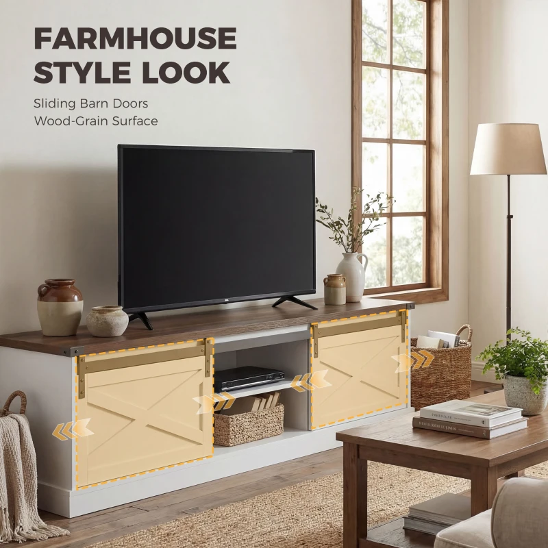 HOMCOM TV Stand for TVs up to 65 Inch, Entertainment Center with Shelves, Cabinets, Sliding Barn Doors, Thick Top, White