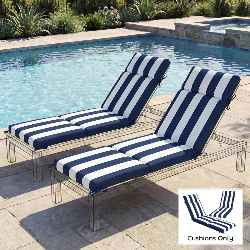 Outsunny Outdoor Chaise Lounge Cushions Set of 2 with 6 Ties, High-Density Foam, for Patio and Poolside, Dark Blue and White