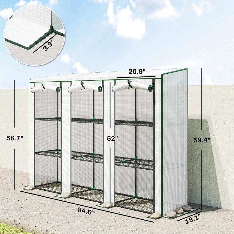 Outsunny 84.6" x 18.1" x 56.7" Lean-to Mini Greenhouse, 3-Tier Shelves, 3 Roll-Up Doors, PE Cover, White