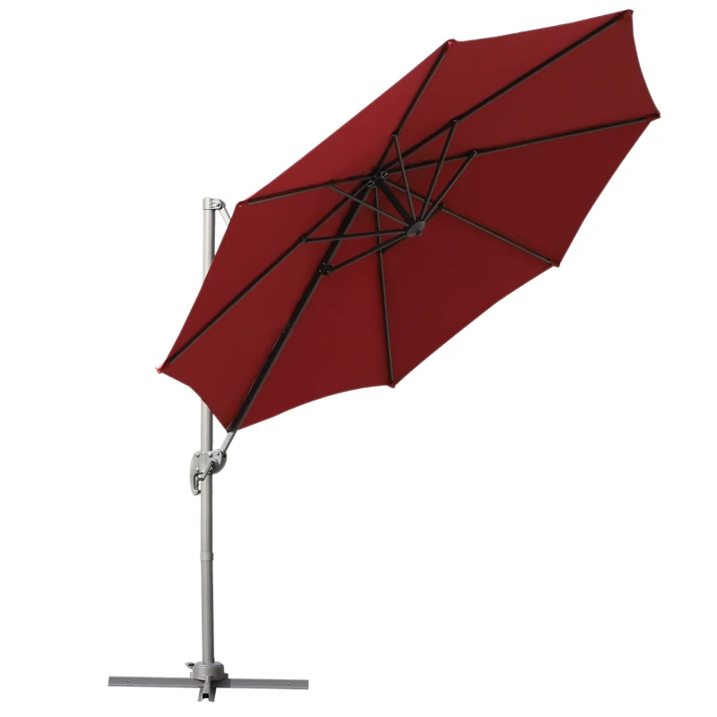 Outsunny 10' Hanging Tilt Offset Cantilever Patio Umbrella with 6-Level Adjustable Angle, Base Stand, UV Fighting Canopy, & 360° Rotation, Wine Red