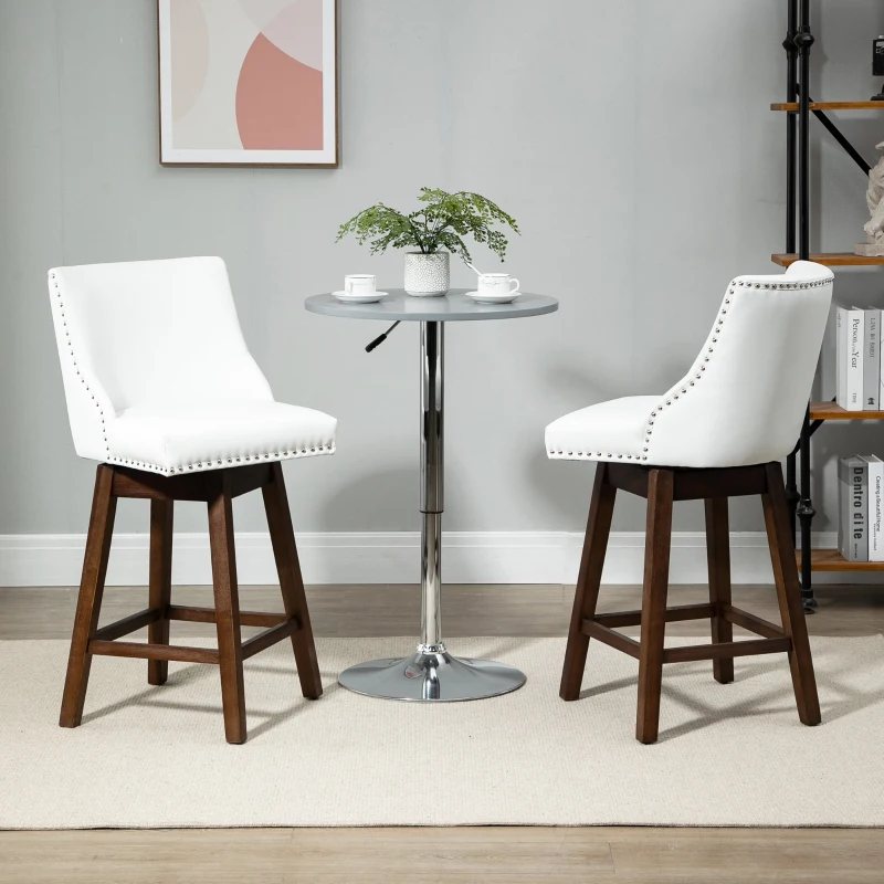 HOMCOM 28" Swivel Bar Height Bar Stools Set of 2, Armless PU Leather Upholstered Barstools Chairs with Nailhead Trim and Wood Legs, White
