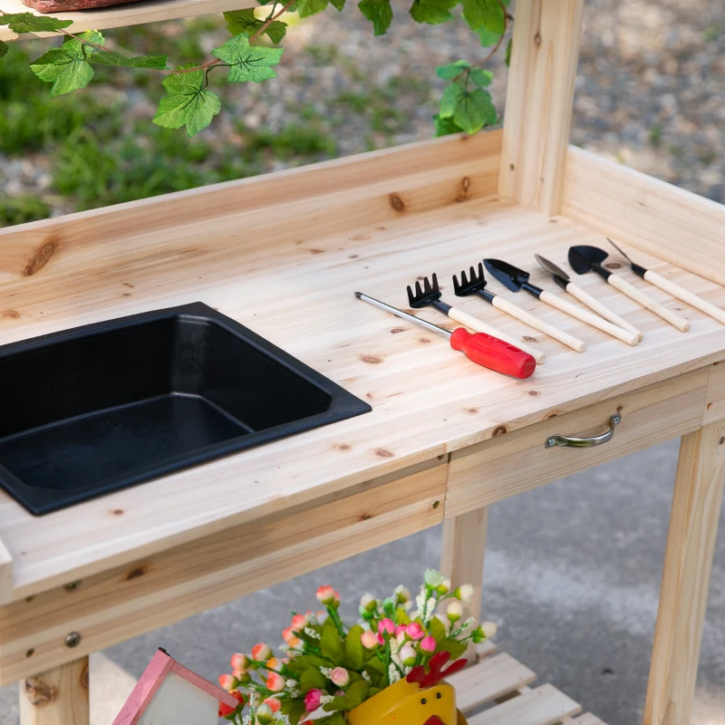 Outsunny 36'' Wooden Potting Bench Work Table with 2 Removable Wheels, Sink, Drawer & Large Storage Spaces, Natural