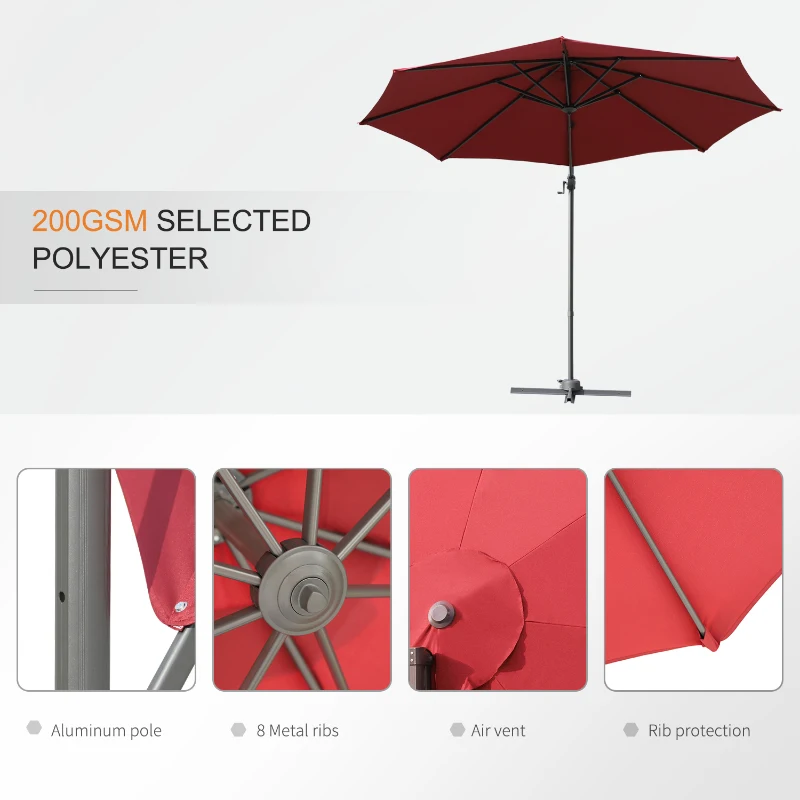 Outsunny 10' Hanging Tilt Offset Cantilever Patio Umbrella with 6-Level Adjustable Angle, Base Stand, UV Fighting Canopy, & 360° Rotation, Wine Red
