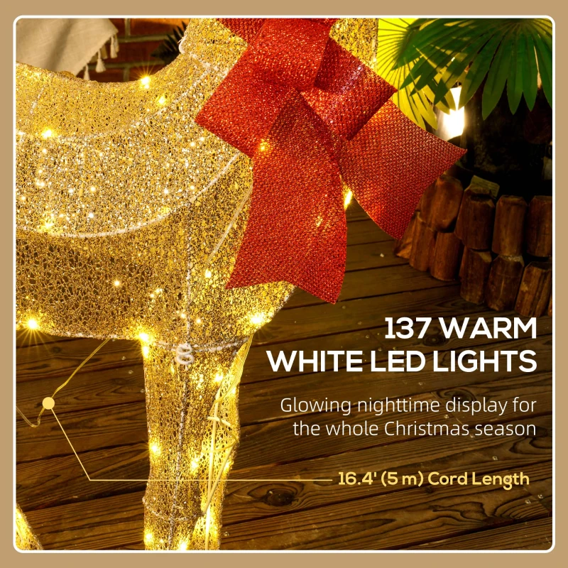 Outsunny Light Up Reindeer Yard Decoration, Lighted Deer Christmas Decoration with LED Lights for Indoor, Outdoor, Lawn, Gold
