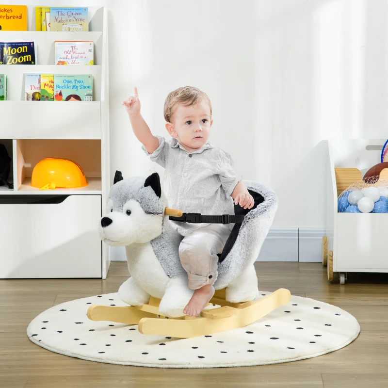 Qaba Toddler Rocking Chair Husky-Themed Rocking Animal with Wooden Base, Seat Belt for Kids 18-36 Months