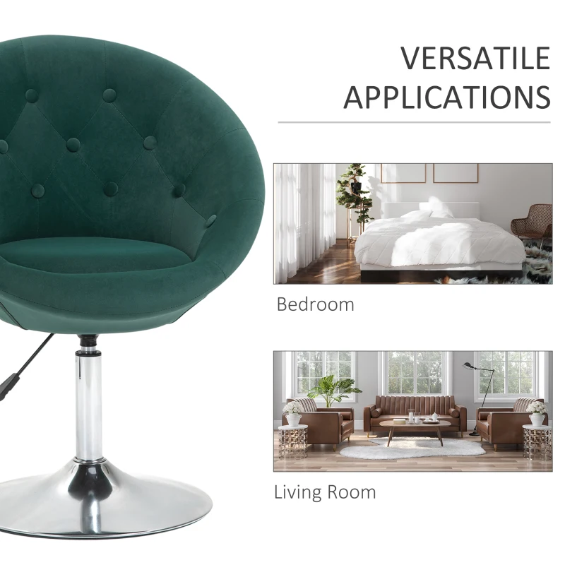 HOMCOM Modern Makeup Vanity Chair Round Tufted Swivel Accent Chair with Chrome Frame Height Adjustable, Green