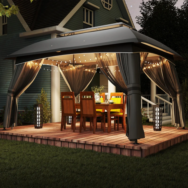 Outsunny 10' x 13' Patio Gazebo, Outdoor Gazebo Canopy Shelter with Netting, Vented Roof for Garden, Dark Gray