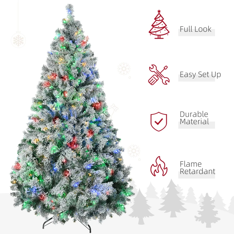 HOMCOM 7.5' Artificial Snow Christmas Trees with Frosted Branches, Warm White or Colorful LED Lights, Steel Base