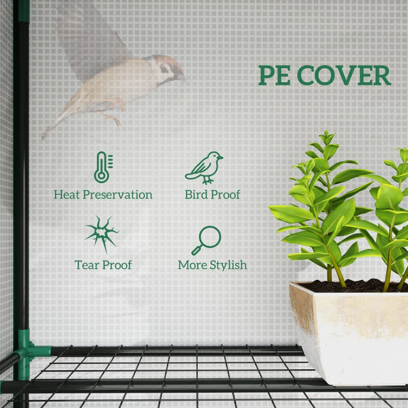 Outsunny 84.6" x 18.1" x 56.7" Lean-to Mini Greenhouse, 3-Tier Shelves, 3 Roll-Up Doors, PE Cover, White
