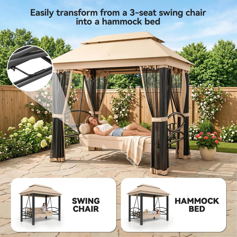 Outsunny 3-Seat Patio Swing Chair, Outdoor Gazebo Swing with Double Tier Canopy, Mesh Sidewalls, Cushioned Seat and Pillows, Beige