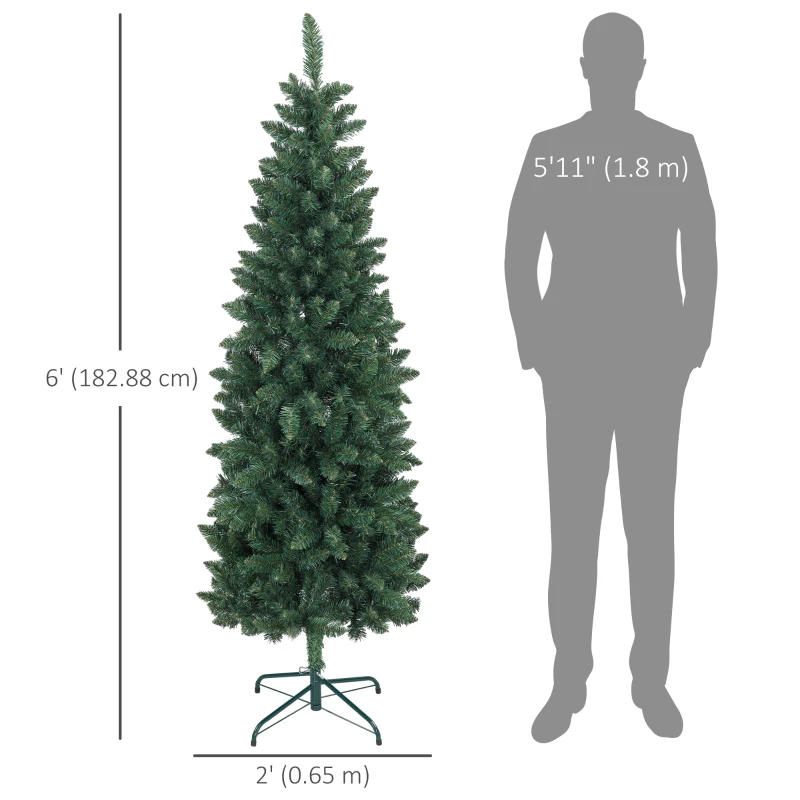 HOMCOM 6ft Tall Pencil Artificial Christmas Tree with 479 Branch Tips with Steel Base, Green
