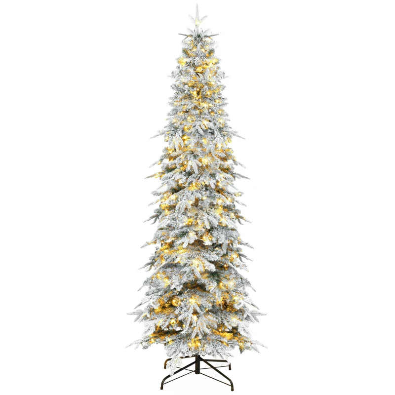 HOMCOM 7ft Prelit Flocked Christmas Tree, Artificial Pencil Hinged Xmas Tree w/ Slim Downswept Shape, 350 Warm White LED Lights, 8 Modes, Daily Timer, 800 Tips, Remote, Green White