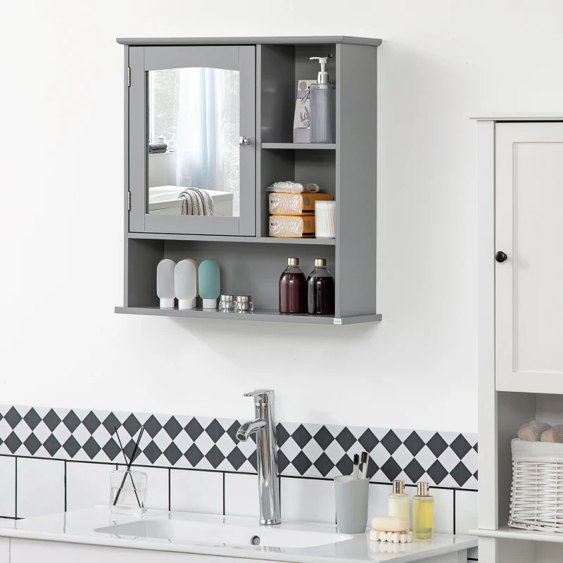 kleankin Bathroom Medicine Cabinet with Mirror, Wall-Mounted Bathroom Cabinet with Adjustable Shelf for Living Room and Laundry Room, Gray