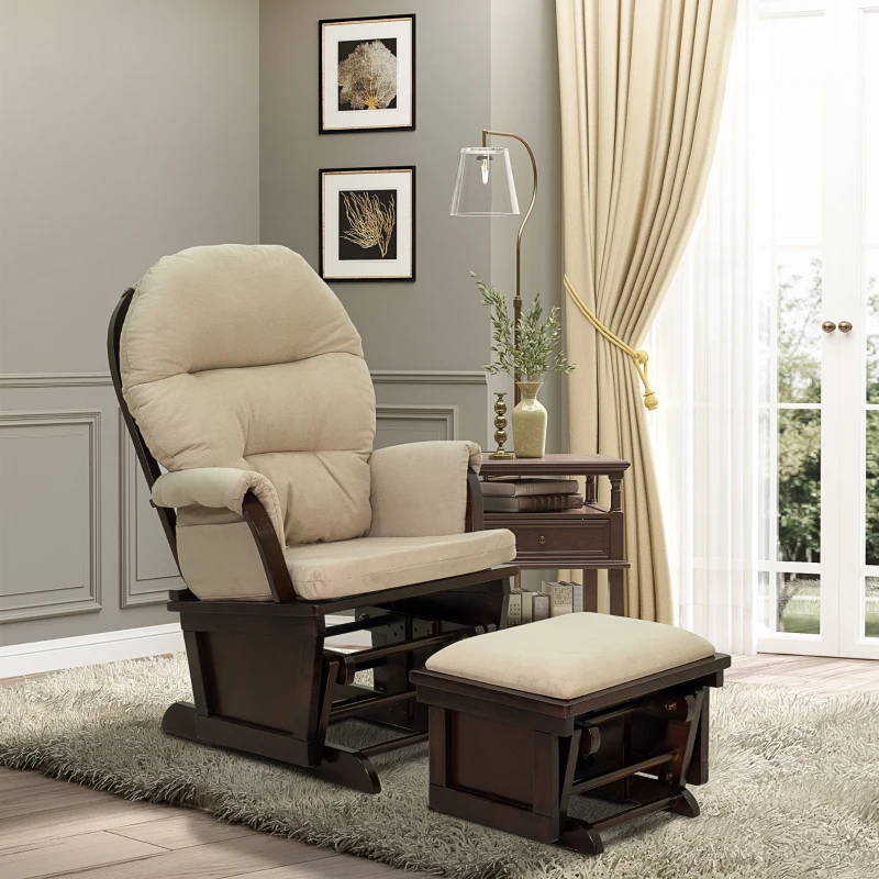 HOMCOM Nursery Glider Rocking Chair with Ottoman, Thick Padded Cushion Seating and Wood Base, Cream White