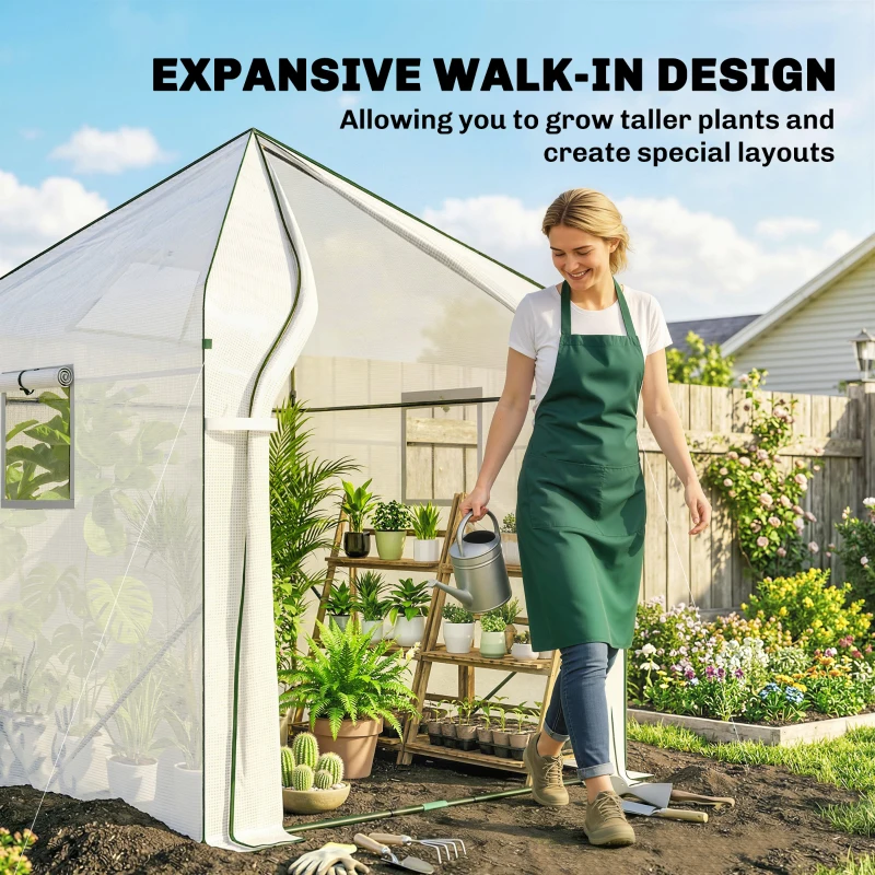 Outsunny Walk-in Greenhouse, 63" x 63" x 78.7", Roll-Up Door, 3 Mesh Windows, PE Cover, Steel Frame, White