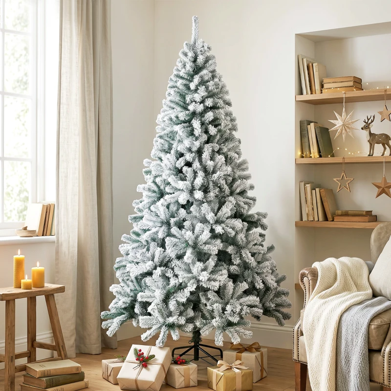 HOMCOM 6ft Snow Flocked Christmas Tree with 650 Branch Tips, Hinged Design, Artificial Fir Xmas Tree, Green and White
