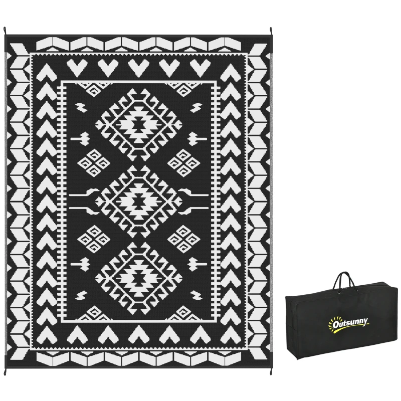 Outsunny Reversible Outdoor Rug, Waterproof Plastic Straw with Carry Bag, 8' x 10', Black & White Rhombus Patchwork