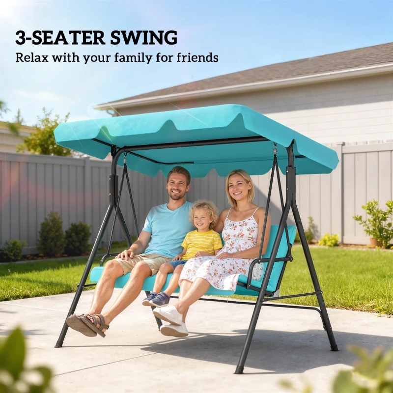 Outsunny 3-Seater Outdoor Porch Swing with Adjustable Canopy, Patio Swing Chair for Garden, Poolside, Backyard, Teal