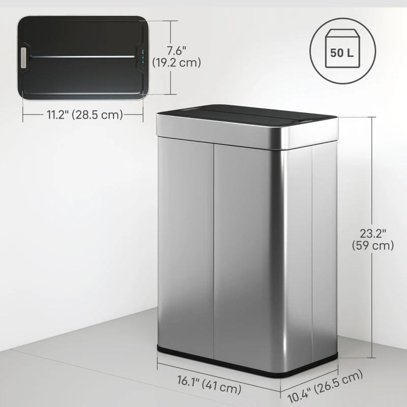 HOMCOM 14.5 Gal (55 L) Sensor Can, Garbage Can with Soft-Close Butterfly Lid, Fingerprint-Proof Stainless Steel, Silver