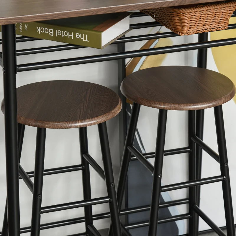 HOMCOM 3 Piece Counter Height Bar Table Set with 1 Table, 2 Matching Stools, Dining Table Set with Storage Shelf and Metal Frame Footrest, Black and Oak