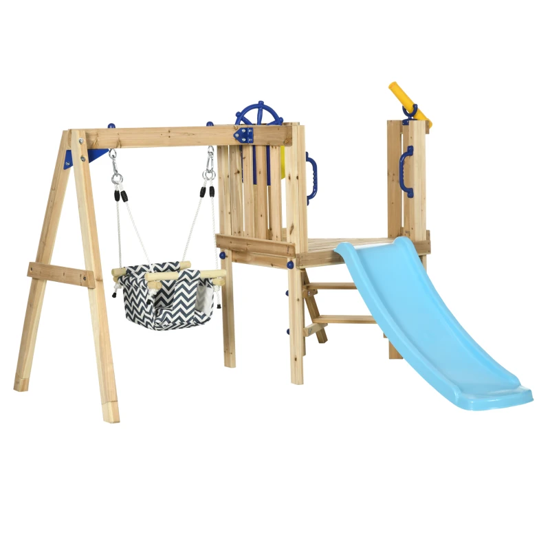 Outsunny Swing Set for Backyard, Wooden Toddler Outdoor Playset with Baby Swing Seat, Kids Slide, Fort, Natural