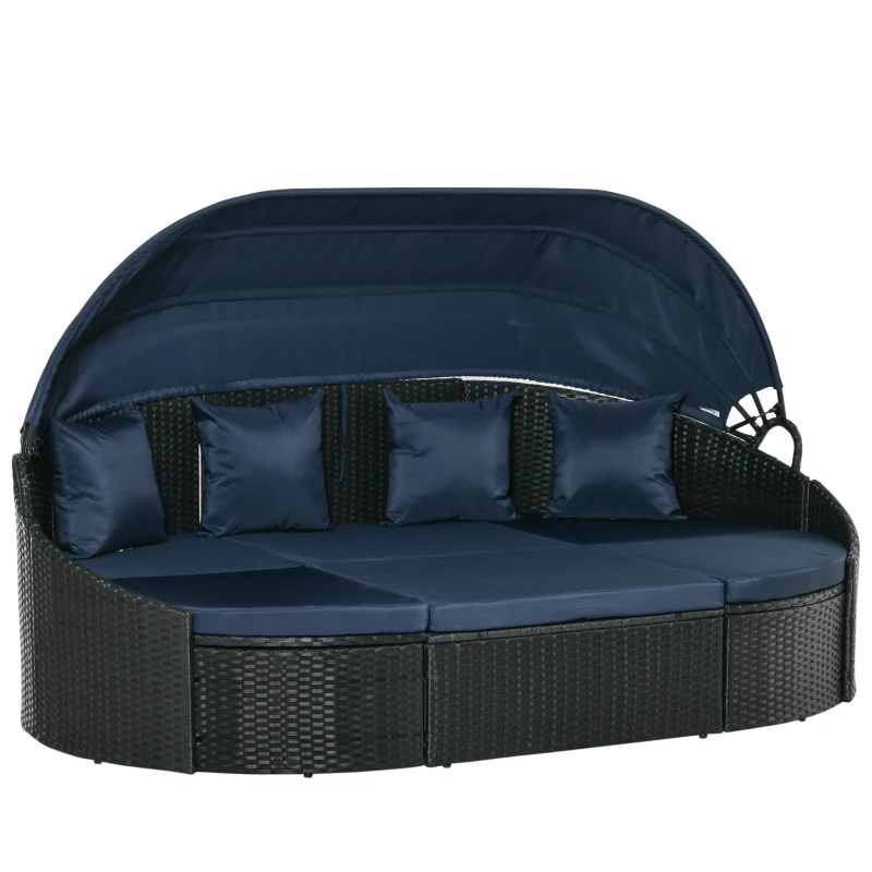 Outsunny 4 Pieces Patio PE Wicker Round Daybed, Outdoor Rattan Garden Lounge Furniture Sets, Dark Blue
