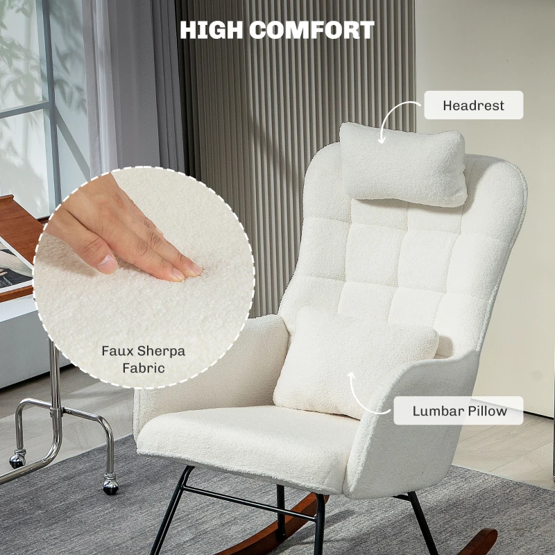 HOMCOM Nursery Rocking Chair with Headrest, Lumber Pillow, Nursing Chair with High Back for Living Room, Bedroom, Cream White