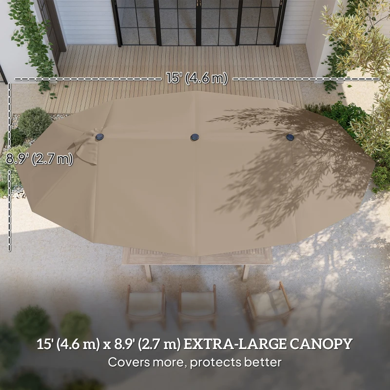 Outsunny 15' Outdoor Patio Umbrella with Twin Canopy Sunshade Steel Table Umbrella w/ Lift Crank, Cross base, Sandbag, Brown