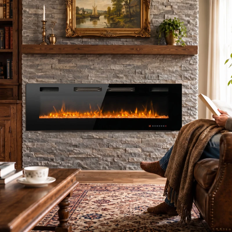 HOMCOM 60" Electric Fireplace, Ultra-Thin Recessed, Wall Mounted and Freestanding Fireplace w/ Flame Effect, 750W/1500W, Black