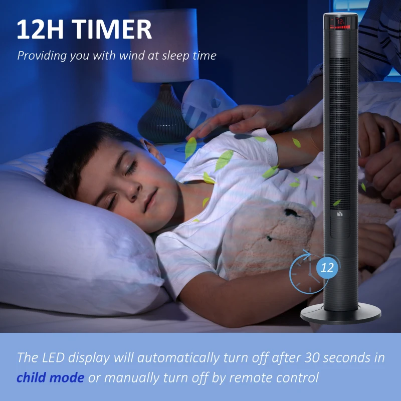 HOMCOM Freestanding Tower Fan Cooling for Home Bedroom with 3 Speed, 12h Timer, Oscillating, LED Panel, Remote Controller, Black