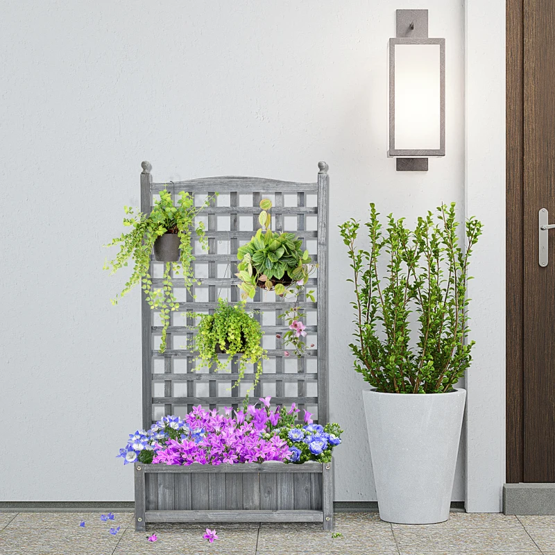 Outsunny Raised Garden Bed with Trellis for Climbing Vines, 25.2" x 11" x 47.2" Wood Planter Box for Garden, Free Standing Flower Bed, Indoor Outdoor Display Rack, Grey
