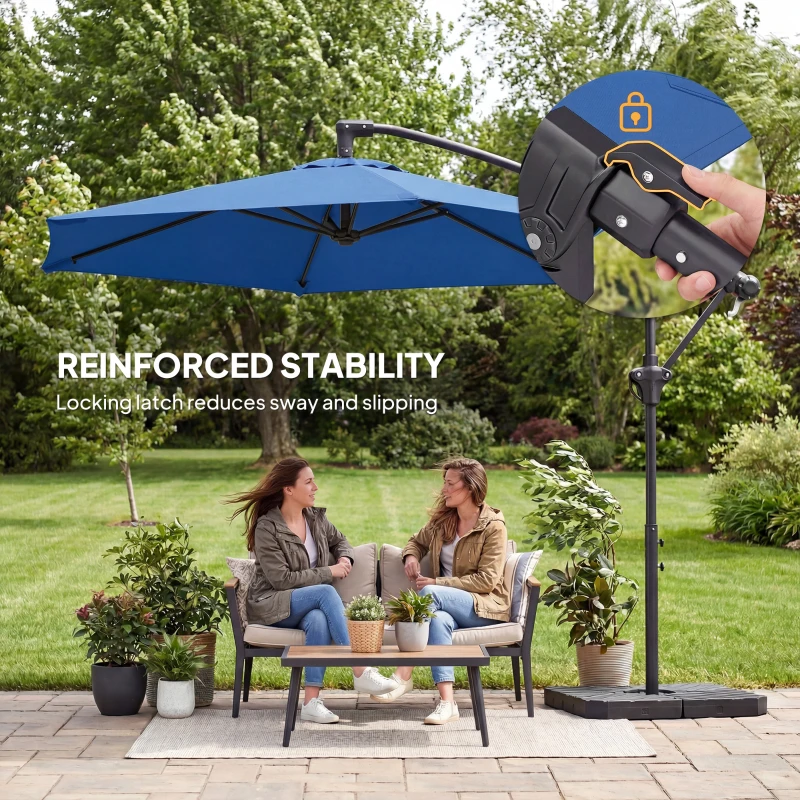 Outsunny 9.7 ft Offset Patio Umbrella with Water/Sand Fillable Weights, Garden Hanging Parasol with Locking Latch, Navy Blue