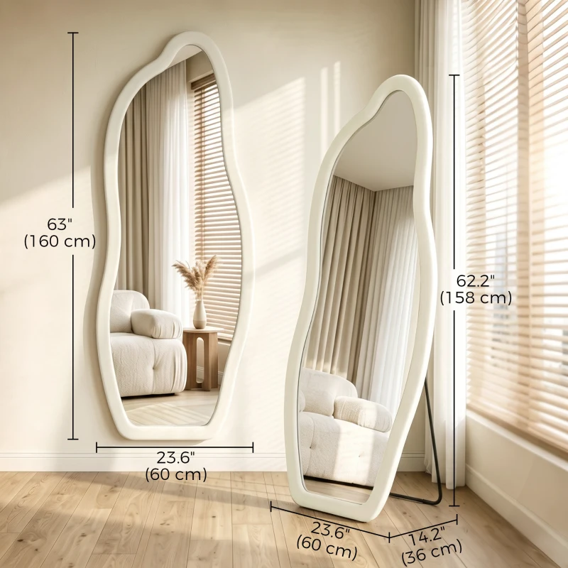 HOMCOM Standing Mirror, 63" x 23.6" Full Length Mirror with Velvet Padded Frame and Arched Top, Cream White
