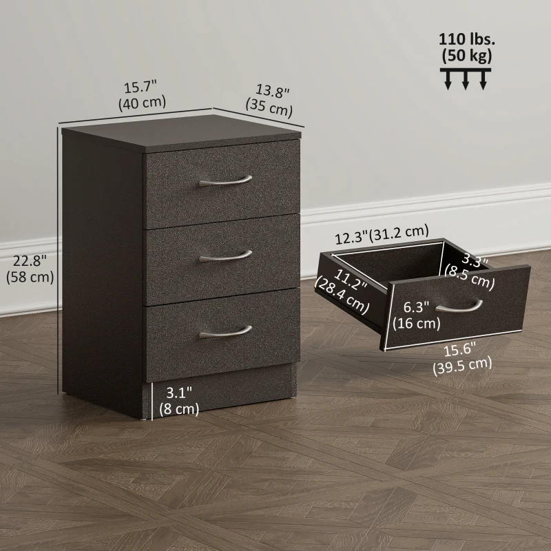 HOMCOM Bedside Table, Modern Night Stand with 3 Drawers and Metal Rail for Bedroom, Dark Brown