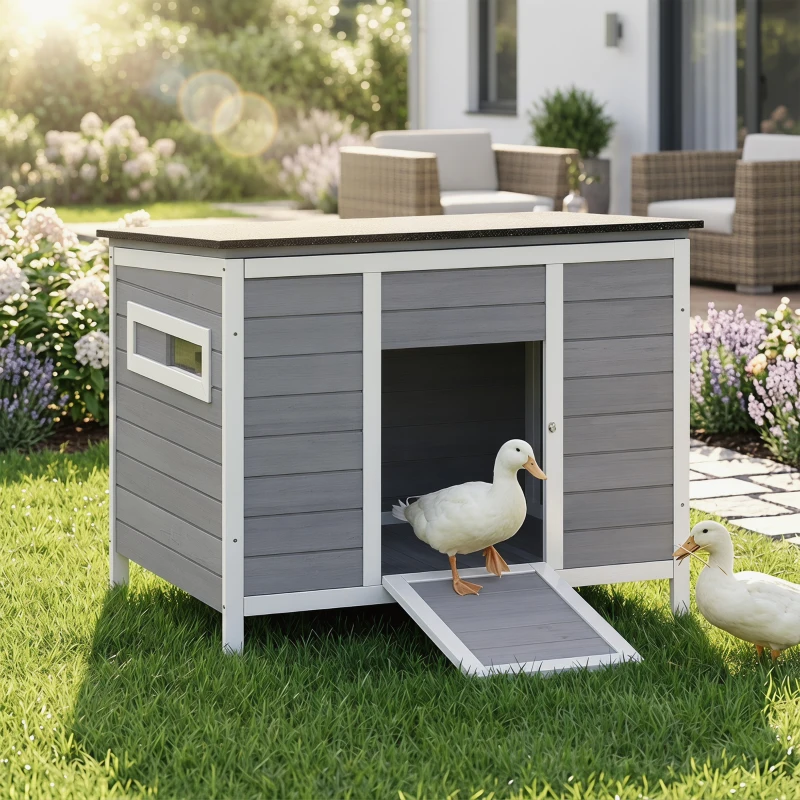 PawHut Duck Coop, Wooden Duck House Rabbit Hutch with Openable Roof, Removable Base, Elevated Legs, Ramp, Ventilated Windows